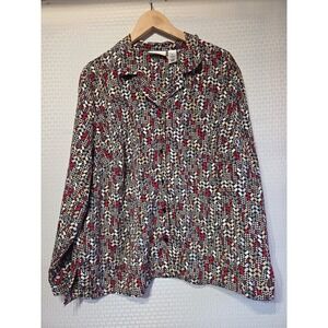 Alfred Dunner Woman 18W Button Front Blouse Top Black Multi Print Long Sleeve...